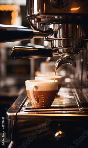 Modern coffee maker machine with coffee shop background