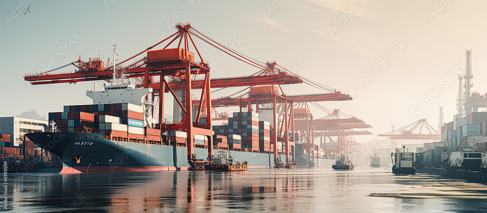 background, logistic, shipping, transportation, cargo, trade, transport, export, import, commerce. the most global shipping operations ship boat cargo container and crane on ocean background. - obrazy, fototapety, plakaty 