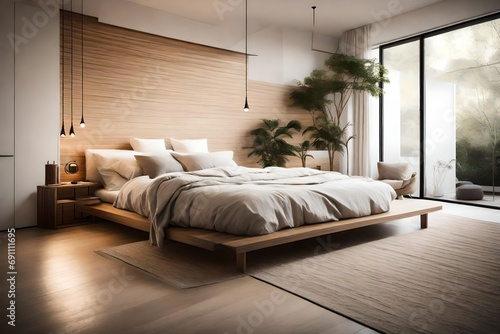 A serene bedroom with a comfortable bed, soft lighting, and minimalist decor © Sajjad
