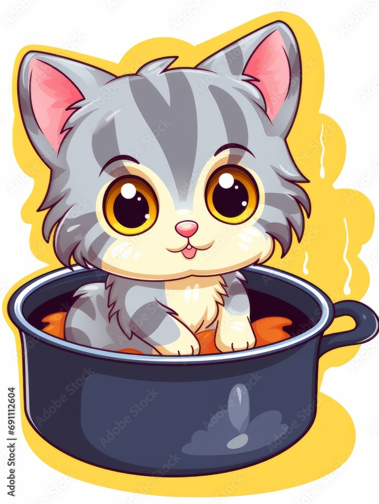 Cartoon sticker cute kitten in a kitchen pan, AI Cartoon sticker cute kitten in a kitchen pan, AI
