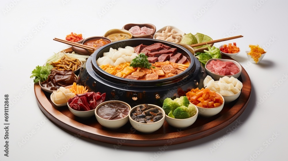 an isolated hotpot, its colorful ingredients arranged harmoniously, soaking in the rich broth, creating a visually captivating and delectable culinary experience against a pristine white backdrop.