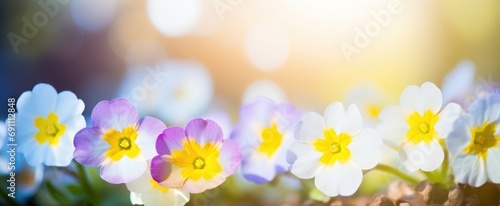 Blurred spring primrose floral background. Delicate pastel banner.