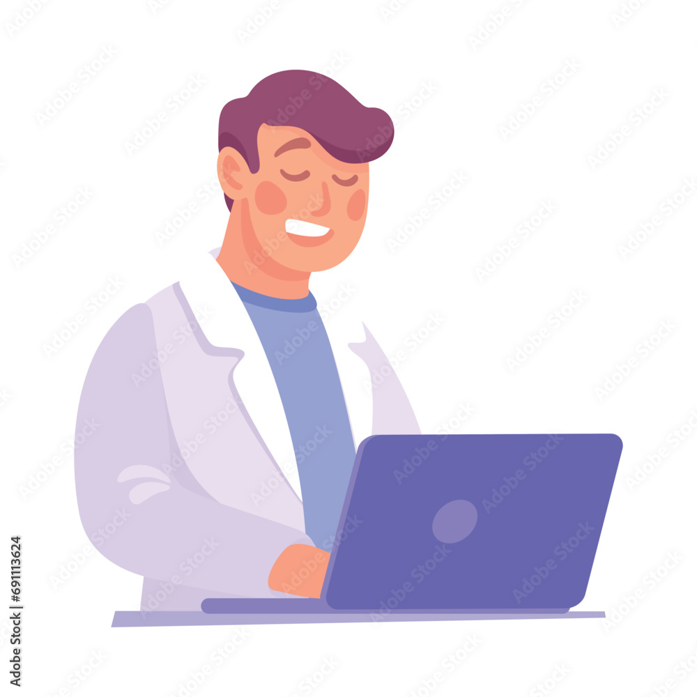 Man at Laboratory Work at Laptop Conduct Experiment Vector Illustration Man at Laboratory Work at Laptop Conduct Experiment Vector Illustration
