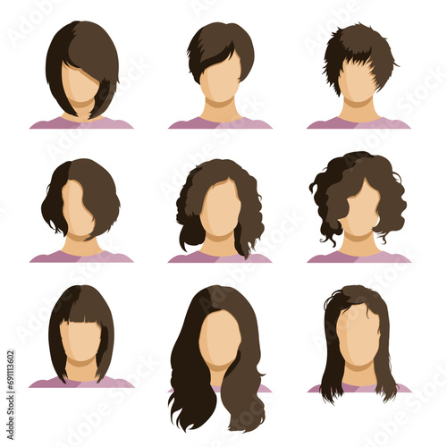 Vector Set of Flat Woman Faces with Different Hairstyles. photo