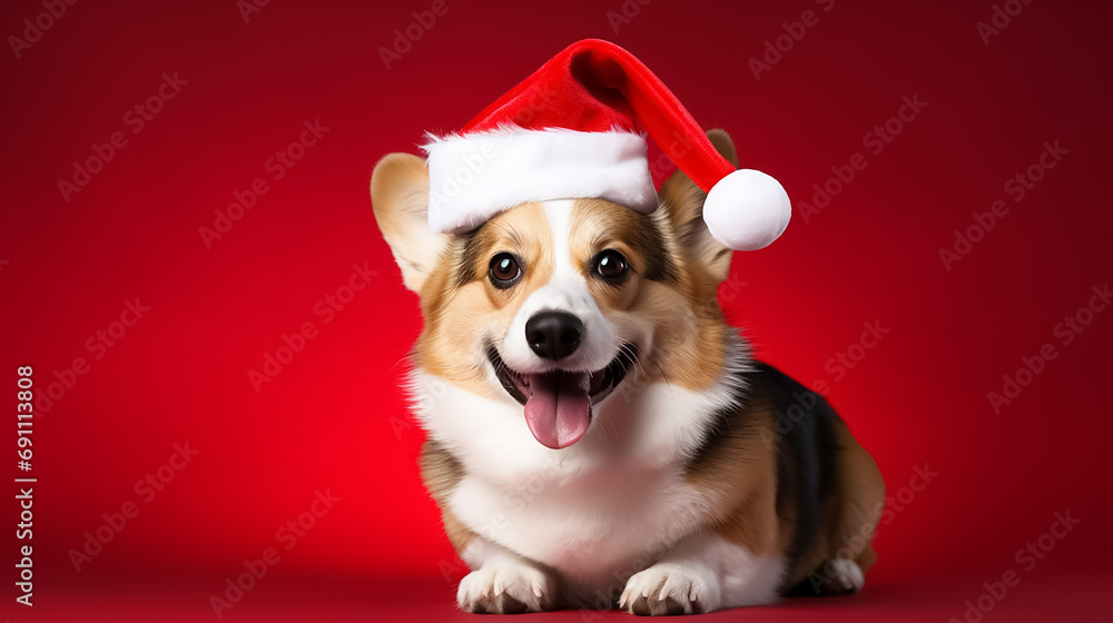 Cute happy corgi dog wearing santa hat on red isolated background. Cute happy corgi dog wearing santa hat on red isolated background.