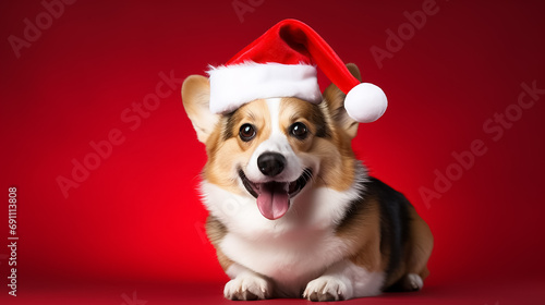 Cute happy corgi dog wearing santa hat on red isolated background. © Victoria