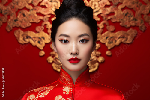 Pretty Chinese young woman in traditional dress in front of red background