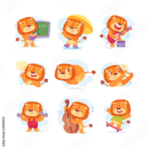 Fototapeta Naklejka Na Ścianę i Meble -  Funny Lion Character with Mane Engaged in Different Activity Vector Illustration Set