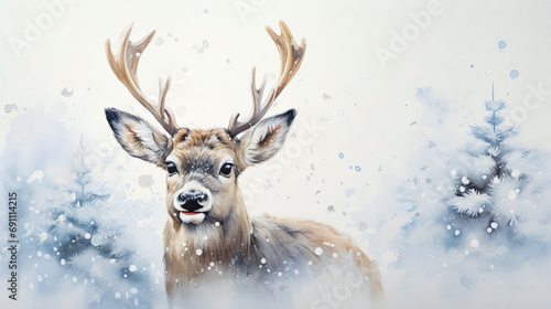 Digital painting of a young deer in a snowy forest with falling snow. Winter landscape. Christmas concept. 