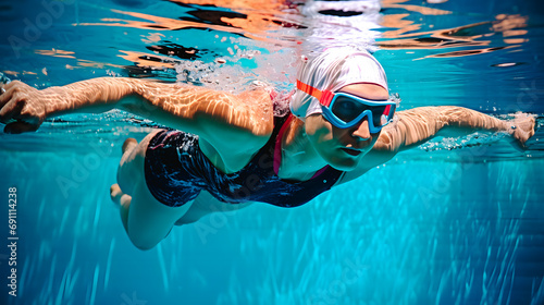 Femme avec lunettes nageant sous l'eau dans une piscine photo