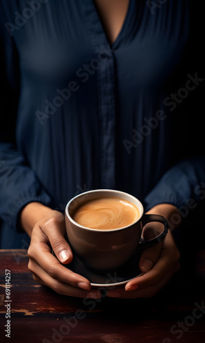 A cup of latte coffee held by a barista is visible from above in the background copy space