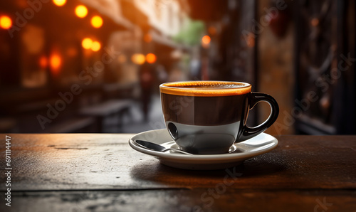 Cup of coffee on table with coffee shop background