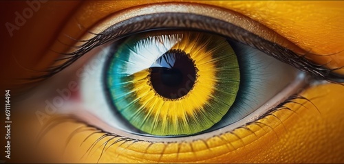  a close up of a person's eye with a green and yellow iris in the center of the iris.