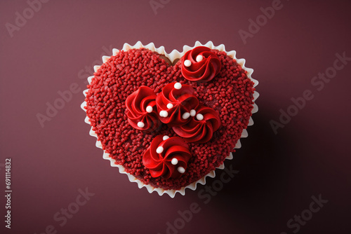 A heart shaped red velvet cupcake against a burgundy red fading background