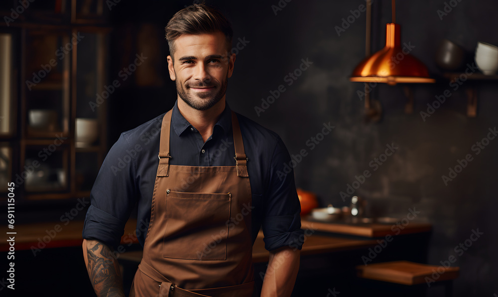 Male barista using apron with smiling face coffee shop background Male barista using apron with smiling face coffee shop background