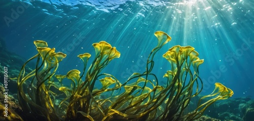  a group of seaweed in the water with sunlight shining through the water's bubbles on the water's surface.