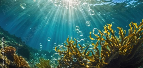  an underwater view of a coral reef with sunlight streaming through the water and seaweed and corals in the foreground.