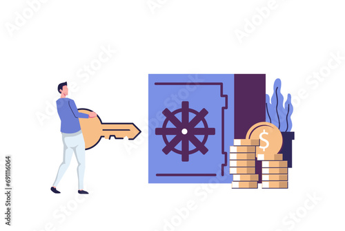  closed bank safe open with a key, dollars in a deposit box and bag, safe deposit, cash deposit flat vector illustration