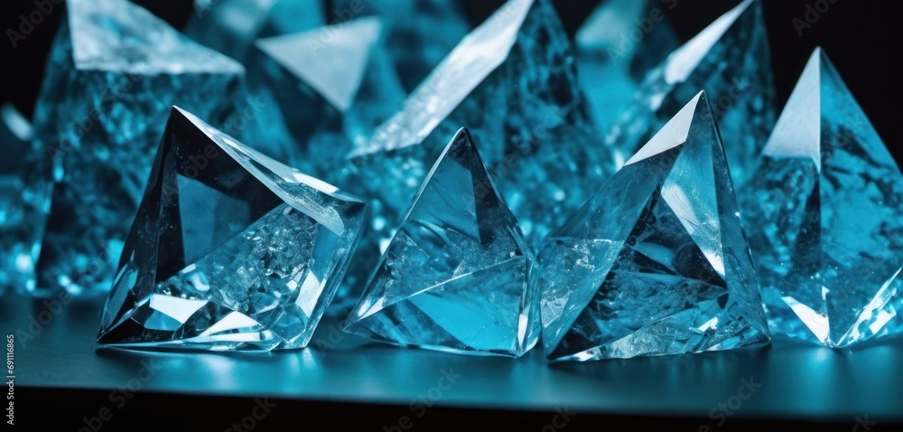 a group of blue diamonds sitting next to each other on a black surface in front of a black back ground. a group of blue diamonds sitting next to each other on a black surface in front of a black back ground.