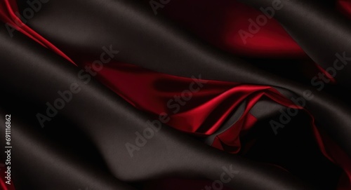 Black red silk satin. Beautiful soft folds. Shiny fabric.Dark luxury background with space for design. Christmas, Birthday, Valentine day, Valentine. Festive concept. Banner. Flat lay, generative AI