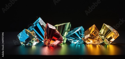  a group of different colored diamonds sitting on top of a black surface in front of a black backround.