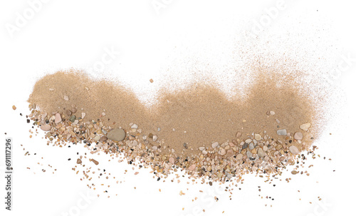 Sand pile scatter with small pebbles isolated on white background and texture, with clipping path, top view photo
