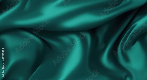 Dark teal green silk satin. Shiny smooth fabric. Soft folds. Luxury background with space for design. web banner. Flat lay, top view table. Birthday, Christmas, Valentine, New year. generative AI