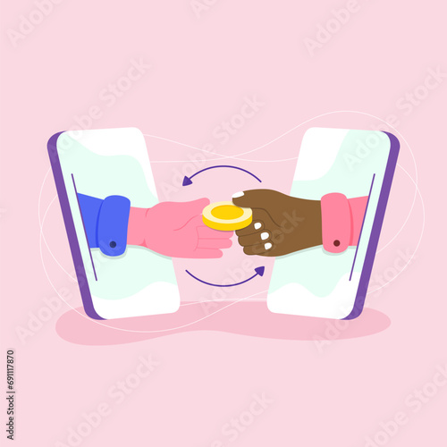 Two hands coming out of smartphone pass each other a golden coin, Contactless payment