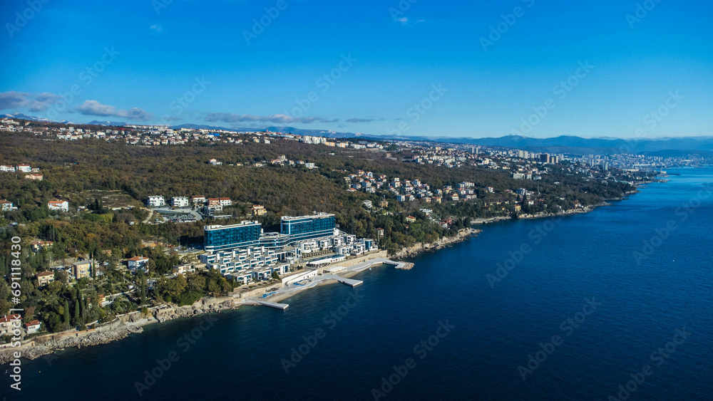 Hilton Rijeka Costabella Beach, Opatija, hotel, coast, aerial view, Croatia Hilton Rijeka Costabella Beach, Opatija, hotel, coast, aerial view, Croatia