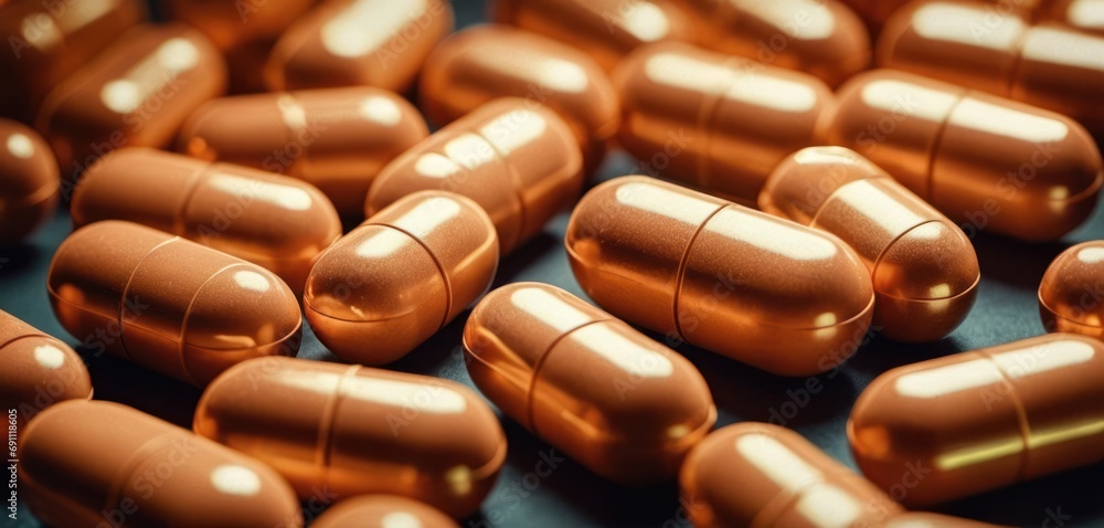 a pile of brown pills sitting on top of a blue table next to a pile of orange pills on top of a blue table. a pile of brown pills sitting on top of a blue table next to a pile of orange pills on top of a blue table.