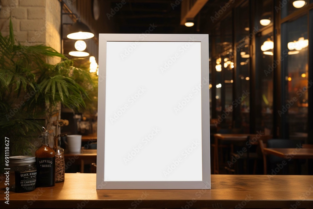Blank white empty menu digital sign poster mockup in restaurant, bar ...
