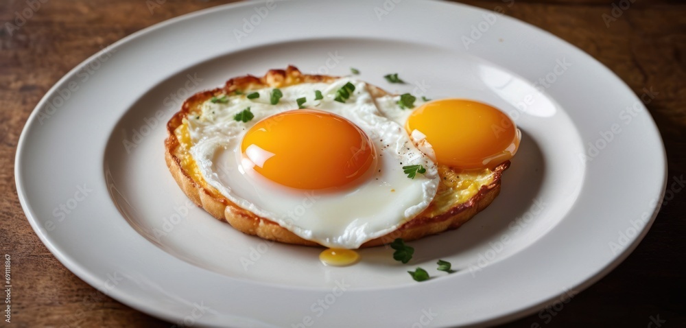 a white plate topped with two eggs on top of an english muffin on a white plate on top of a wooden table. a white plate topped with two eggs on top of an english muffin on a white plate on top of a wooden table.