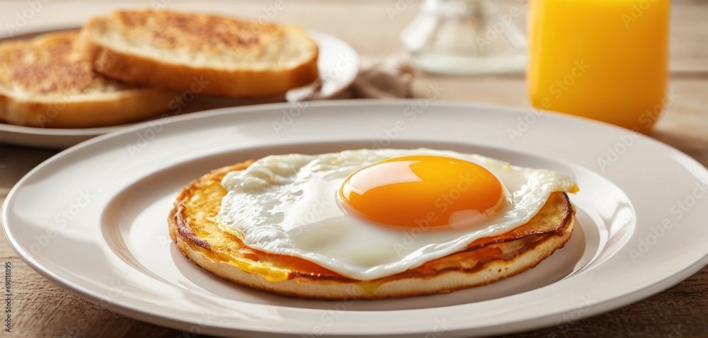 a white plate topped with a fried egg on top of a piece of bread next to a glass of orange juice. a white plate topped with a fried egg on top of a piece of bread next to a glass of orange juice.