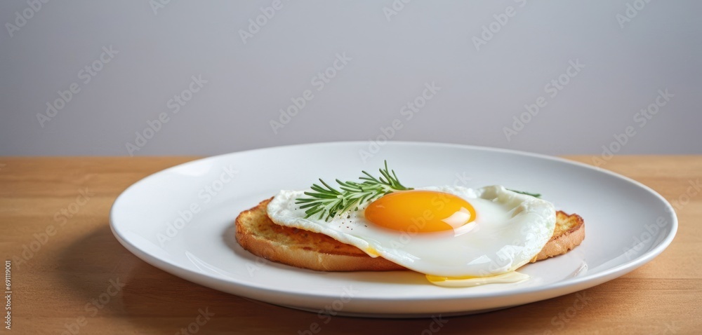 a close up of a plate of food with an egg on a piece of bread with a sprig of parsley. a close up of a plate of food with an egg on a piece of bread with a sprig of parsley.