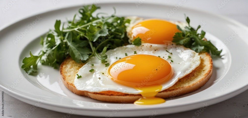 a white plate topped with two eggs and a green leafy garnish on top of a piece of bread. a white plate topped with two eggs and a green leafy garnish on top of a piece of bread.