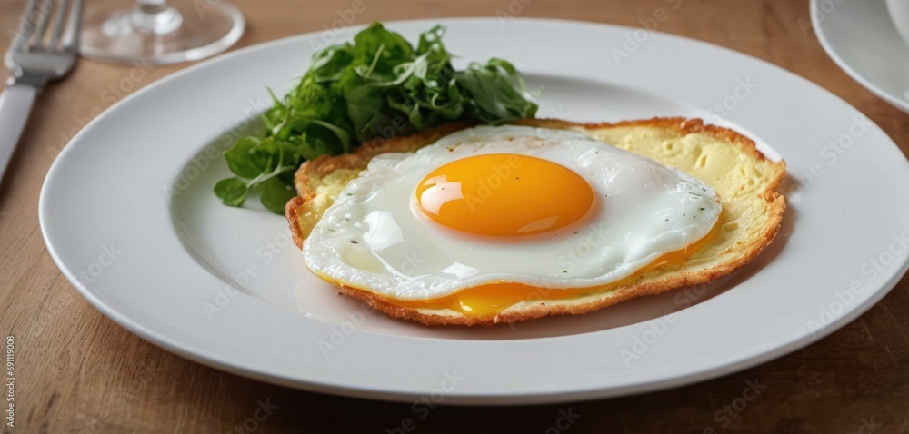 a white plate topped with a fried egg on top of a piece of bread next to a green leafy salad. a white plate topped with a fried egg on top of a piece of bread next to a green leafy salad.