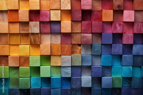 Colorful background of wooden blocks. A Spectrum of multi colored wooden blocks aligned. Background or cover for something creative or diverse. © Areesha