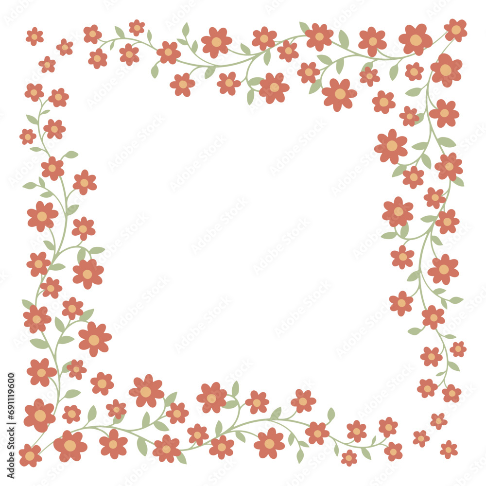 Ornamental frame of branch with flowers. Floral pattern. Decoration and design for card, invitation, brochure. Vector art illustration on white background Ornamental frame of branch with flowers. Floral pattern. Decoration and design for card, invitation, brochure. Vector art illustration on white background