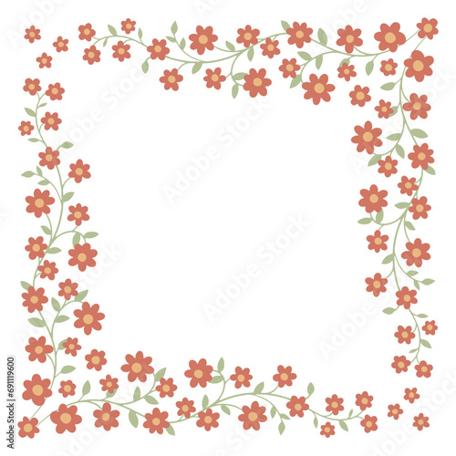 Ornamental frame of branch with flowers. Floral pattern. Decoration and design for card, invitation, brochure. Vector art illustration on white background