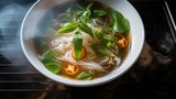 Vietnamese Pho with rich broth, herbs scattered on top, steam rising