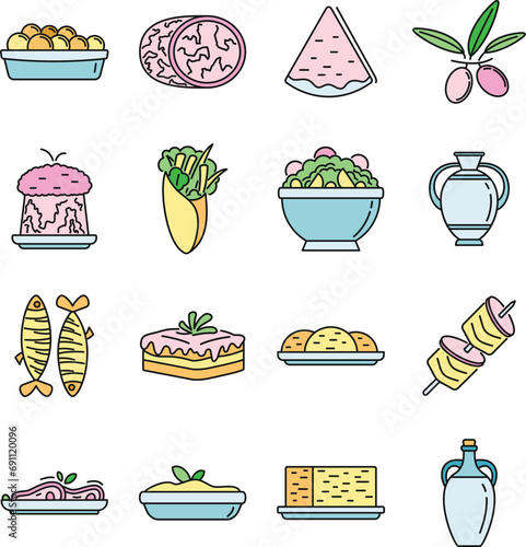 Greek cuisine food icons set. Outline set of Greek cuisine food vector icons thin line color flat on white