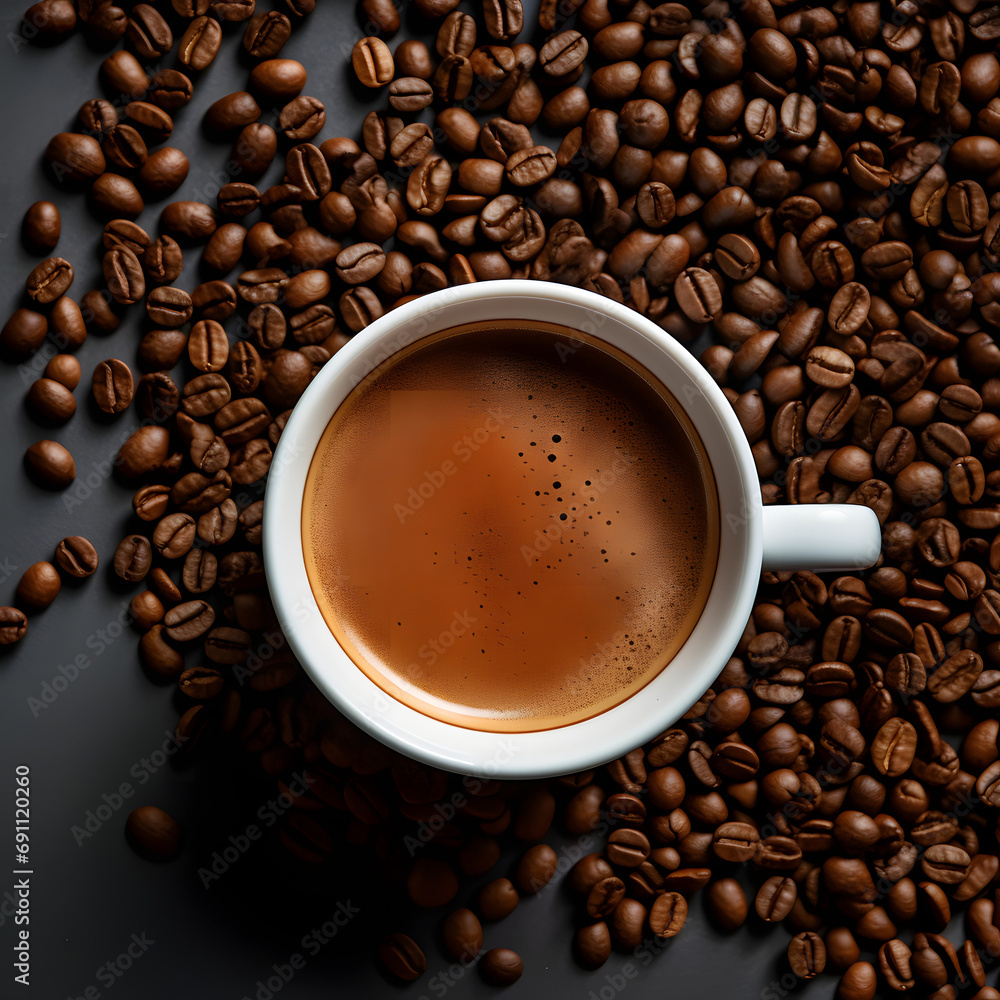 Fototapeta premium pile of coffee beans with a cup of glass seen from above wooden background copy space