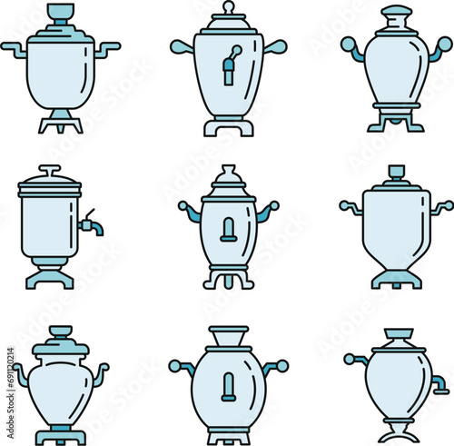 Russian samovar icons set. Outline set of russian samovar vector icons thin line color flat on white