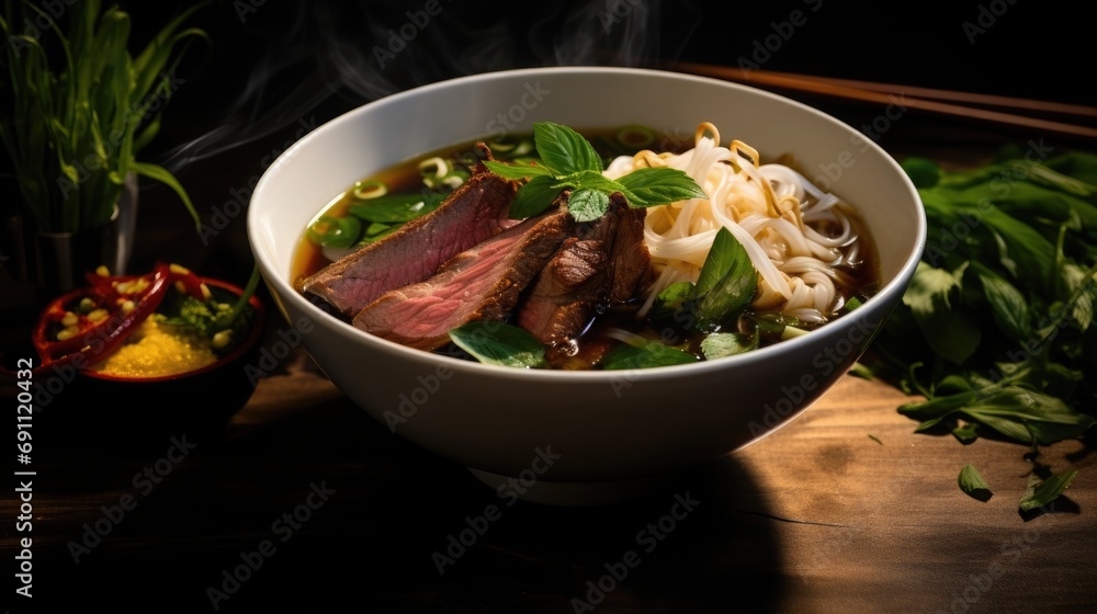 Vietnamese Pho with rich broth, herbs scattered on top, steam rising Vietnamese Pho with rich broth, herbs scattered on top, steam rising