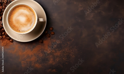pile of coffee beans with a cup of glass seen from above wooden background copy space
