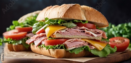  a cut in half sandwich with ham, cheese, tomatoes, lettuce and tomatoes on a cutting board.