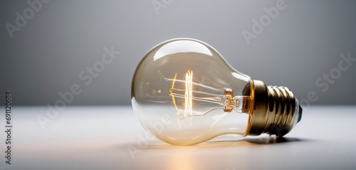  a light bulb sitting on a table with a light shining in the middle of the bulb and the light shining in the middle of the bulb.