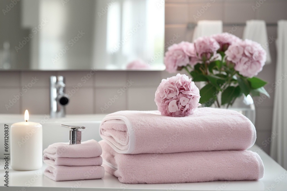 Folded bath towels and décor in a bathroom
