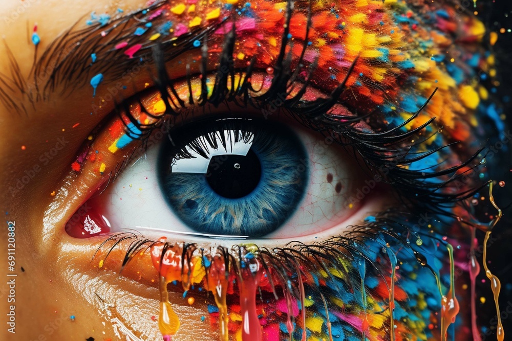 human eye close up with colorful paint , ink splashes and drips