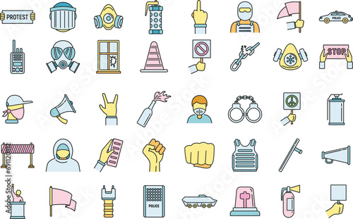 Protest activist icons set. Outline set of protest activist vector icons thin line color flat on white